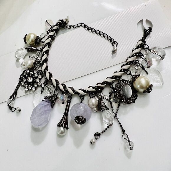 Art Glass Dangle Charm Bracelet Faux Pearl Leather Lilac Rhinestone Dangle - Picture 4 of 12